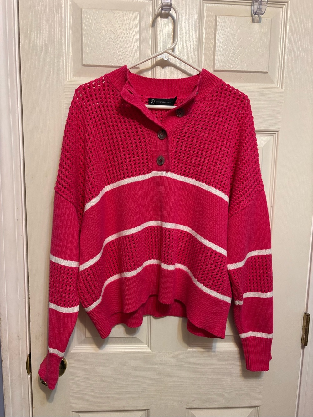 New York & Company Hot Pink Striped Waffle Knit Henley Sweater Oversized - Large